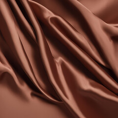 A close-up of rich brown satin fabric with smooth, flowing folds, showcasing its soft, shiny, and luxurious texture.