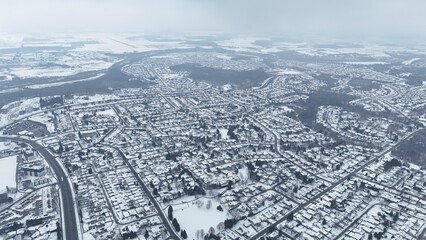 Aerial view of Kitchener, Ontario, covered in snow during winter