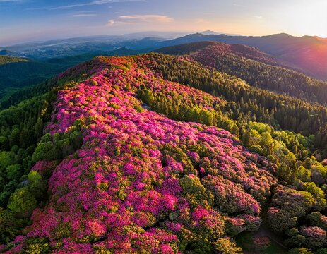 Generated image Aerial perspective of dense rhododendron forests blooming in vibrant pink and red