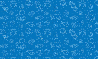 seafood seamless pattern with mussel, fish salmon and shrimp. Lobster, squid, scallop and tuna for product market or seafood restaurant