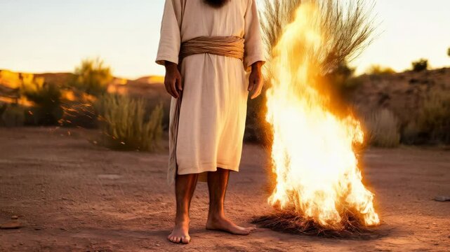 Moses standing barefoot before the burning bush
