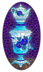 Illustration in the style of stained glass with a bright painted russian samovar on the table on a red background, oval image