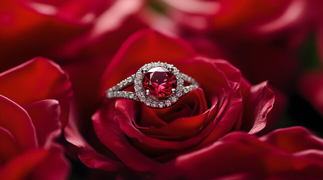 Diamond engagement ring on vibrant red rose  

