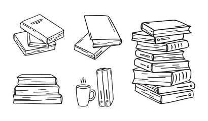 Hand drawn stack of books. doodle different outline pile of books. linear style icons set. Drawing books variations.
