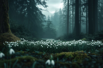A dense forest with a carpet of snowdrop flowers blooming in the misty atmosphere