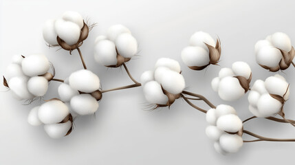 Realistic cotton branches with flowers, beautiful stems with white blossoms isolated transparent background, natural fluffy fiber ripe bolls with soft texturedesign element 3d vector illustration