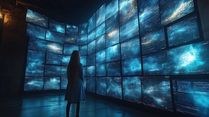 Woman observing futuristic data streams on large screens.
