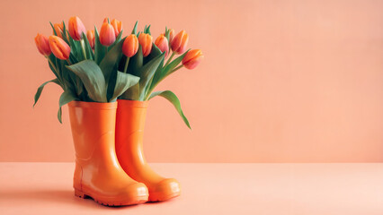 orange rain boots: A simple yet striking photo of a pair of cheerful orange rain boots repurposed as a vase, brimming with fresh orange tulips