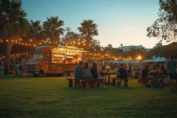 Food truck festival evening gathering park event highlights outdoor setting casual atmosphere community experience