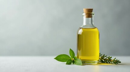 Aromatic Herbal Oil in Glass Bottle with Fresh Green Leaves on Neutral Background