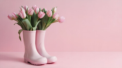 pink rain boots: A simple yet striking photo of a pair of pastel pink rain boots creatively used as a vase, filled with delicate pink tulips