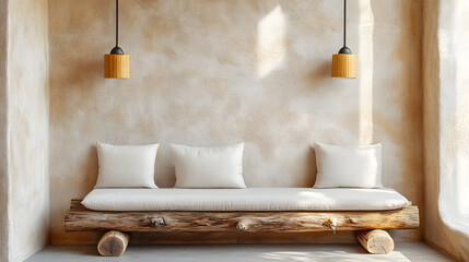 Rustic seating space with soft cushions and wooden tones