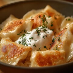 Close-up of a rice bowl with Polish pierogi and sour cream. Featuring a savory and rich dish. Highlighting the texture and flavors of the pierogi. Ideal for food and cultural themes.