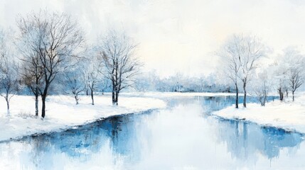 Obraz premium Serene winter landscape featuring snow-covered fields and bare trees in early morning light soft pastel skies over a tranquil river