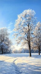 Fototapeta premium Serene winter morning scene frosted trees nature landscape peaceful environment calm viewpoint evoking tranquility