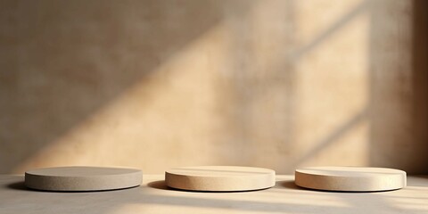 ベージュ背景に三つの丸い展示台と床がある立体的な抽象横長バナー