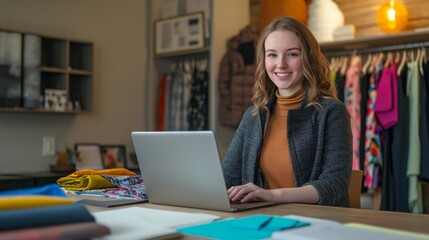 A young woman designing a stylish jacket on her laptop in a modern, well-lit fashion studio