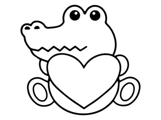 Valentine Day Crocodile Holding Heart Line Art