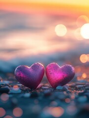 Fototapeta premium Two pink heart on sunset beach with bokeh light background. Love valentine and nature concept. Generative AI