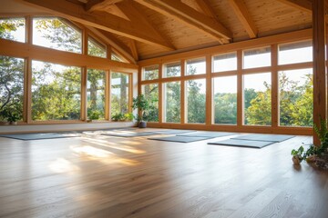 Obraz premium Serene yoga practice space tranquil studio image of natural light inviting atmosphere peaceful environment