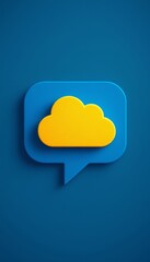 A minimalist 3D rendering of a yellow cloud inside a blue speech bubble shape on a dark blue background