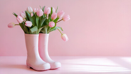 Fototapeta premium pink rain boots: A simple yet striking photo of a pair of pastel pink rain boots creatively used as a vase, filled with delicate pink tulips