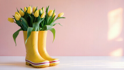 yellow rain boots: A simple yet striking photo of a pair of bright yellow rain boots repurposed as a vase, filled with vibrant yellow tulips