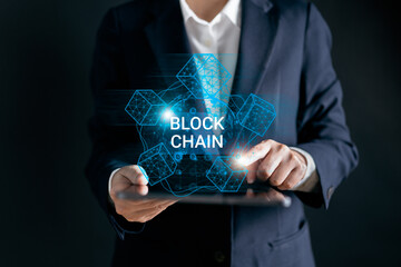 Businessman connecting to blockchain global networking, Token money bank bitcoin, cloud data network connect and transfer asset digital, cyber security binary coded, Blockchain technology concept.