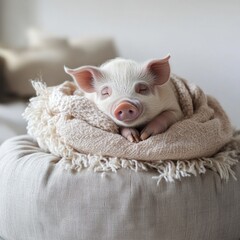Adorable piglet snuggled in soft blanket on a cozy cushion