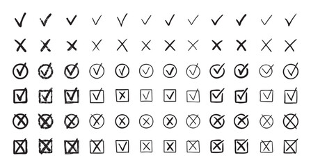 Check marks hand drawn doodle set. tick, cross signs for checkbox, checklist, v and x in sketch set.