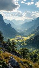 Fototapeta premium Majestic mountains and valley view with a small town in the distance on a beautiful day