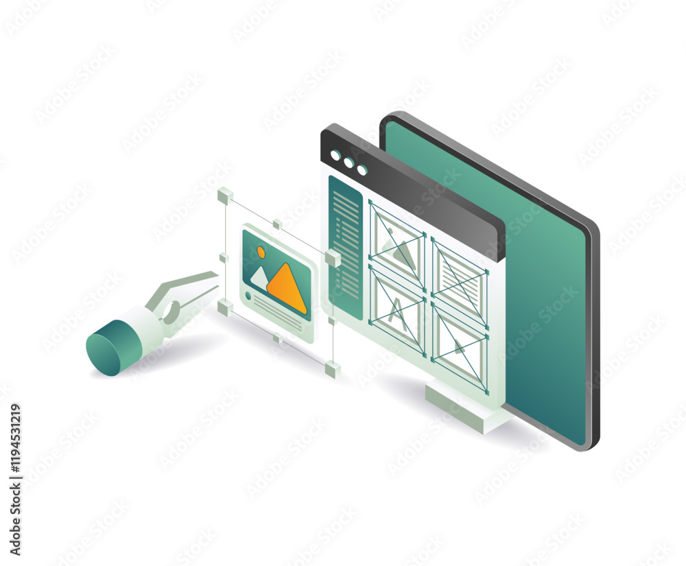 Poster editing design layout on computer concept illustration