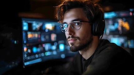 Fototapeta premium Focused young man with headphones working late on computer.