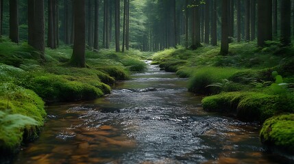Obraz premium Serene stream flowing through a lush, mossy forest.