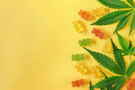 Gominolas con extracto de cannabis o cbd. Dulces de cbd con hojas de marihuana sobre fondo color pastel con espacio para texto.