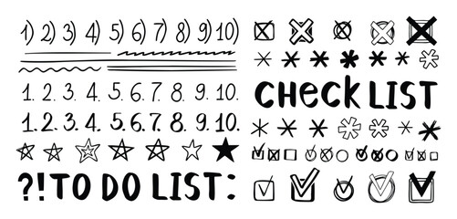 Doodle checklist, hand drawn check marks, asterisks and numbers. To do list, checkmarks outline different scribble shapes and silhouettes.