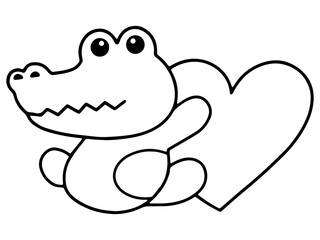 Valentine Day Crocodile Holding Heart Line Art