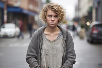 Fototapeta premium A woman with a messy appearance stands on a street