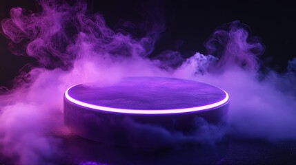 Cylinder flying podium with neon glowing abstract geometric shapes on wall and smoke clouds. Realistic 3d vector illustration of purple and blue luminous hi tech product platform on dark background.