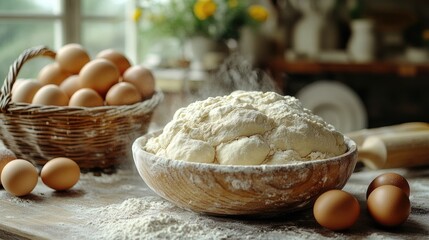 Fototapeta premium Cooking in the kitchen, eggs and dough on the kitchen table.