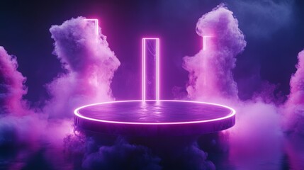 Cylinder flying podium with neon glowing abstract geometric shapes on wall and smoke clouds. Realistic 3d vector illustration of purple and blue luminous hi tech product platform on dark background.