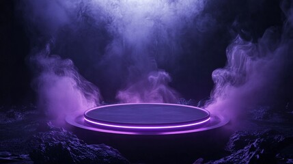 Cylinder flying podium with neon glowing abstract geometric shapes on wall and smoke clouds. Realistic 3d vector illustration of purple and blue luminous hi tech product platform on dark background.