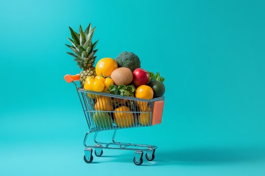 Mini shopping cart filled with fresh fruits and vegetables against a blue background.