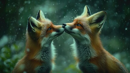 Two foxes rubbing noses. Wild and living nature, foxes in nature.