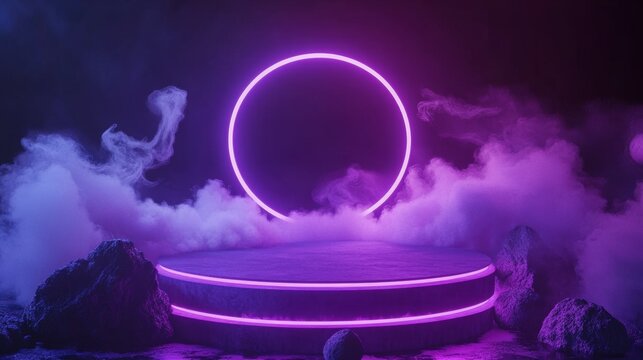 Cylinder flying podium with neon glowing abstract geometric shapes on wall and smoke clouds. Realistic 3d vector illustration of purple and blue luminous hi tech product platform on dark background.