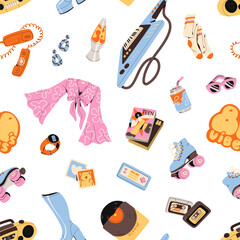 Endless background with nostalgia of 80s. Repeatable pattern of 1980s items, cassettes, roller skates, vinyl, keytar, clothes, soda. Accessories with retro style. Flat seamless vector illustration