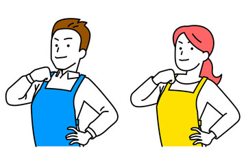 胸を張るエプロン姿の男女　セット