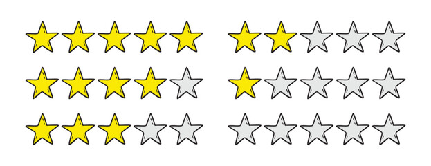 Rating 1, 2, 3, 4, 5 stars doodle icon set. Gold star one, two, three, four, five hand drawn icon set. variable isolated stars rating