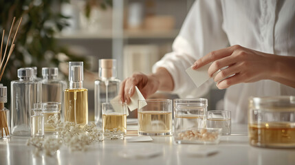 A behind-the-scenes view of a perfumer testing scent combinations with paper blotters, surrounded by glass containers filled with various fragrance ingredients.