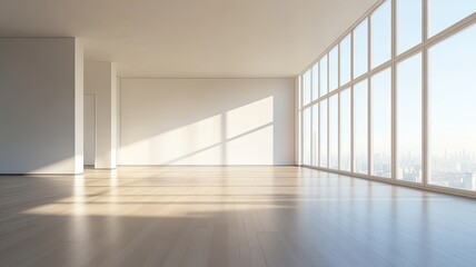 Empty room, city view, sunlight, hardwood floor, modern design